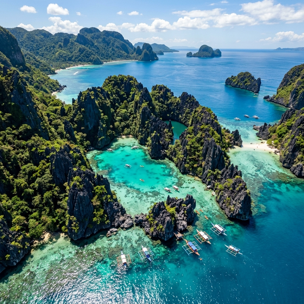 An aerial drone shot of the pristine secret lagoons and jagged limestone cliffs of El Nido, Palawan in the Philippines