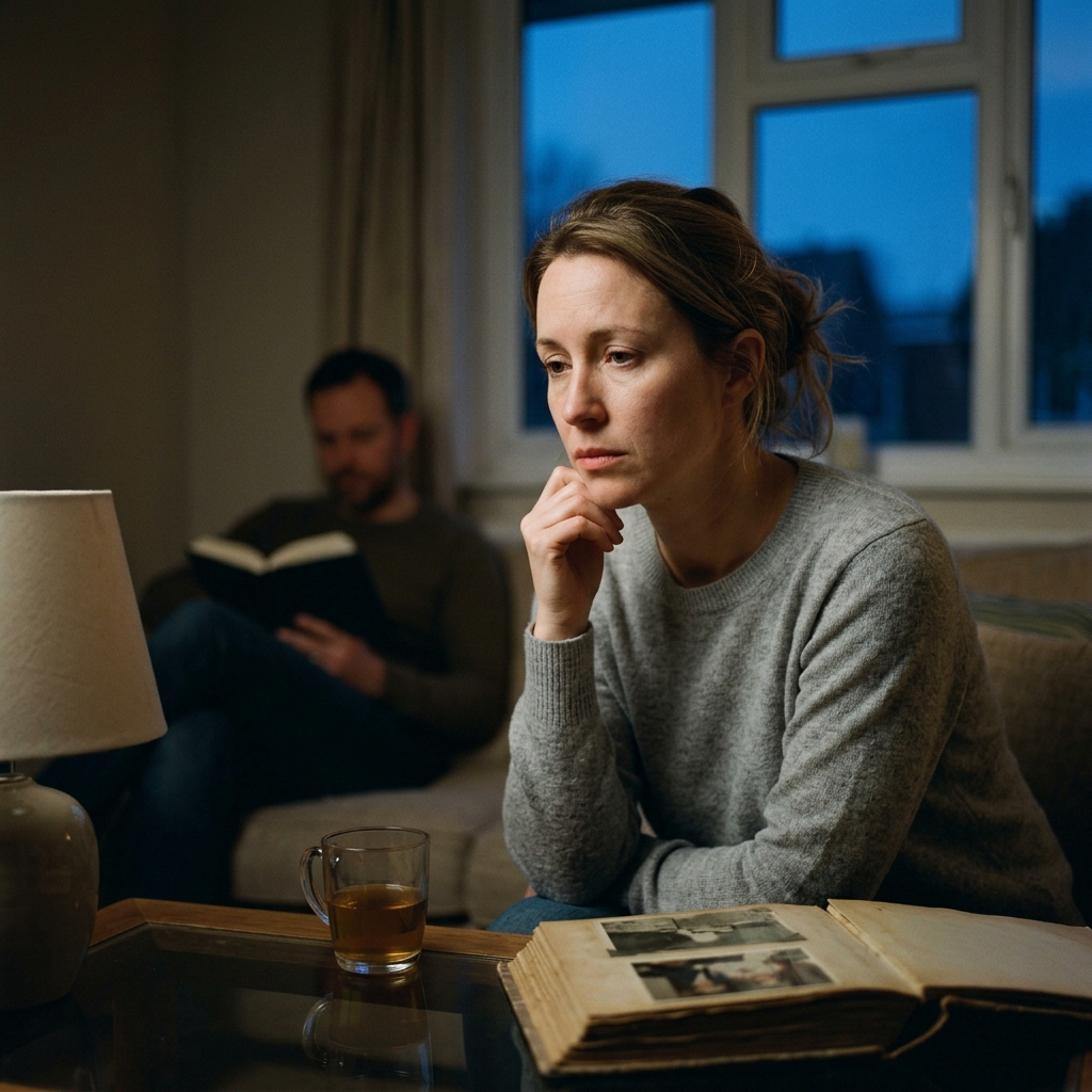 A distressed woman sitting with an open photo album while a man reads in the background.