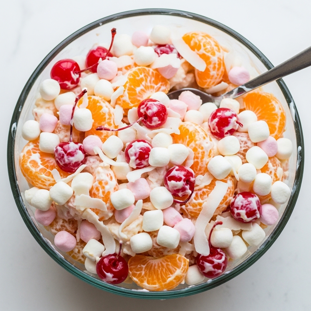 Close-up of traditional Ambrosia fruit salad in a glass bowl, featuring mandarin oranges, maraschino cherries, mini marshmallows, and coconut flakes.