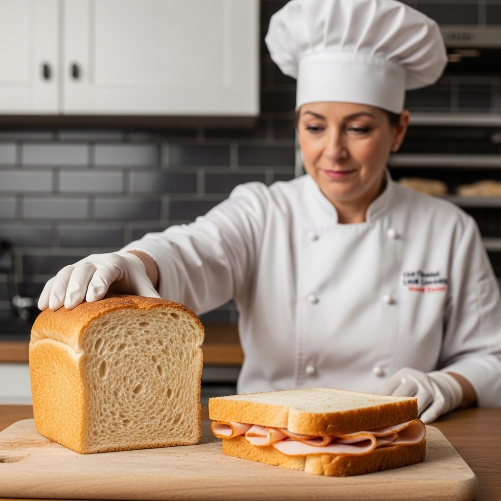 Chef resting a hand on a loaf of thick, soft American white bread next to a freshly made deli meat sandwich.