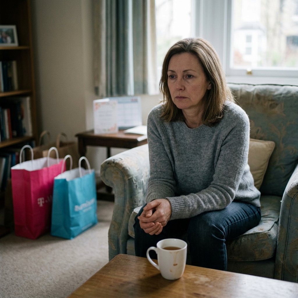 Pensive woman sitting on a living room couch with a cup of tea, illustrating emotional fatigue or anhedonia potentially associated with GLP-1 weight loss medications.