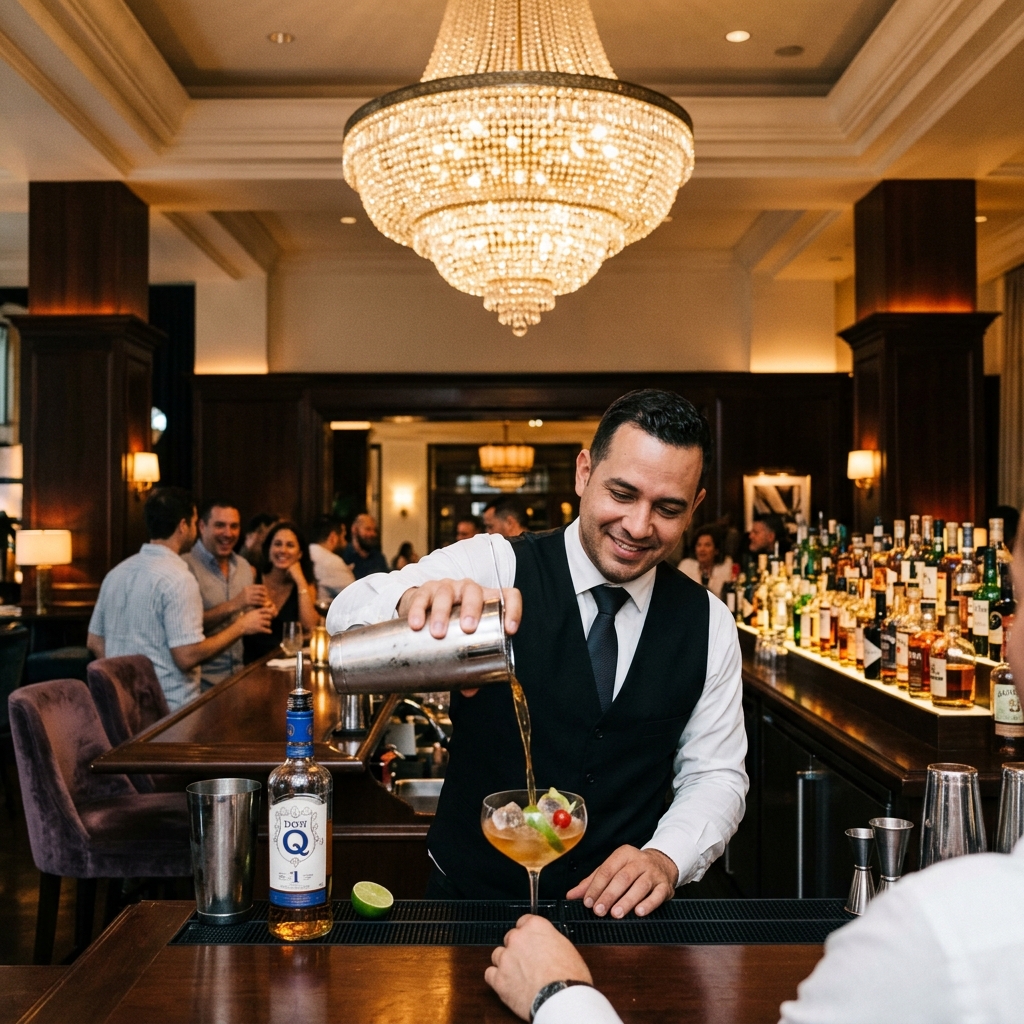 Professional bartender pouring a craft rum cocktail at an upscale, warmly lit bar beneath a crystal chandelier.