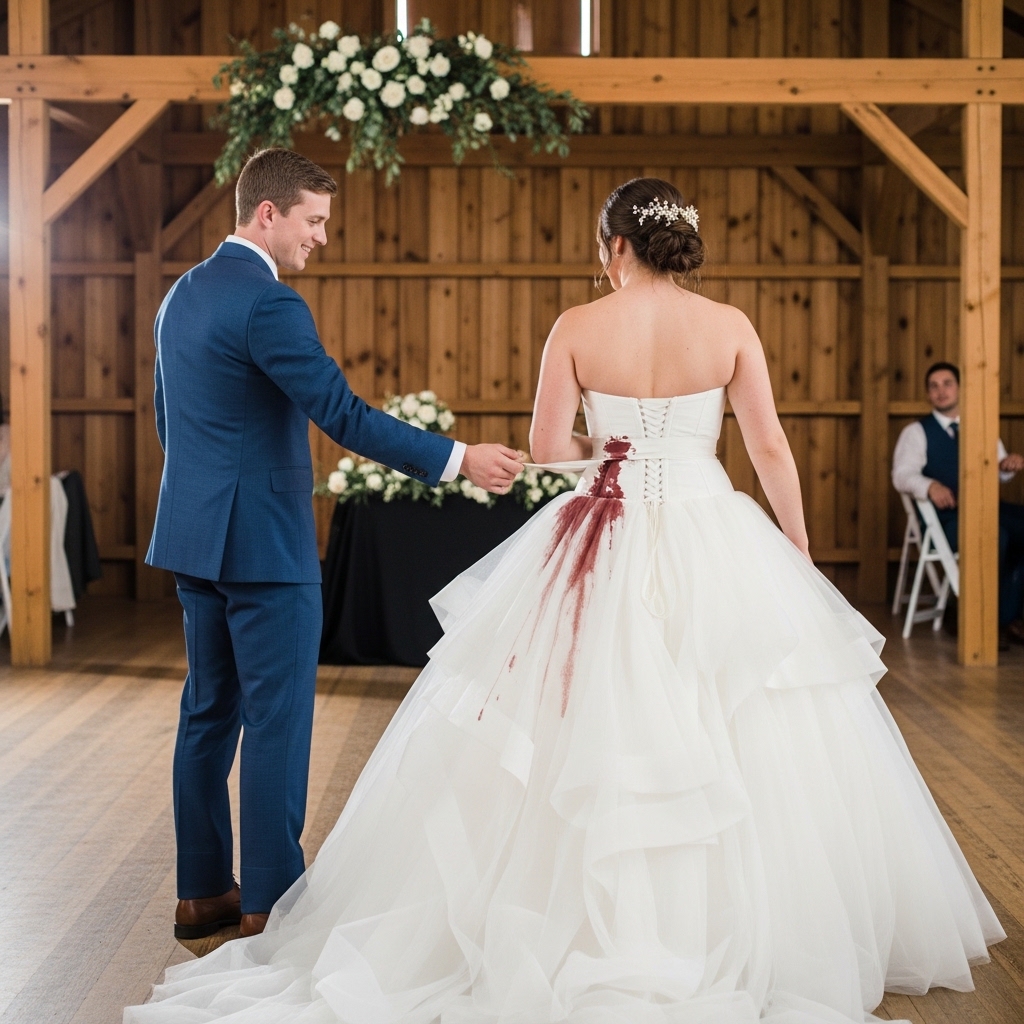 A groom in a blue suit lifts the back sash of his bride's white wedding dress, revealing a massive dark brown stain covering the back of the skirt inside a rustic barn