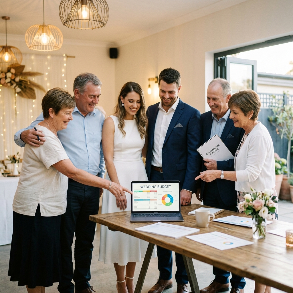 A bride, groom, and their parents smile while reviewing a colorful pie chart titled "WEDDING BUDGET" on a laptop.
