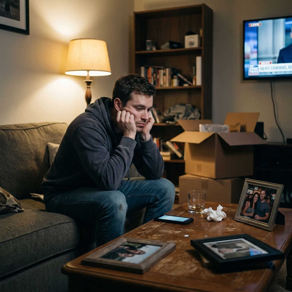 A sad man sitting alone near moving boxes, staring downward near his phone and framed photos