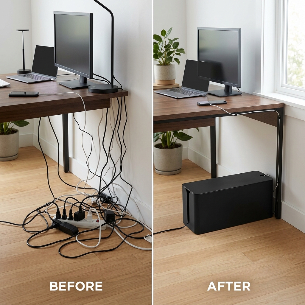 Desk before and after demonstrating a black cable management box concealing tangled cords and a power strip.