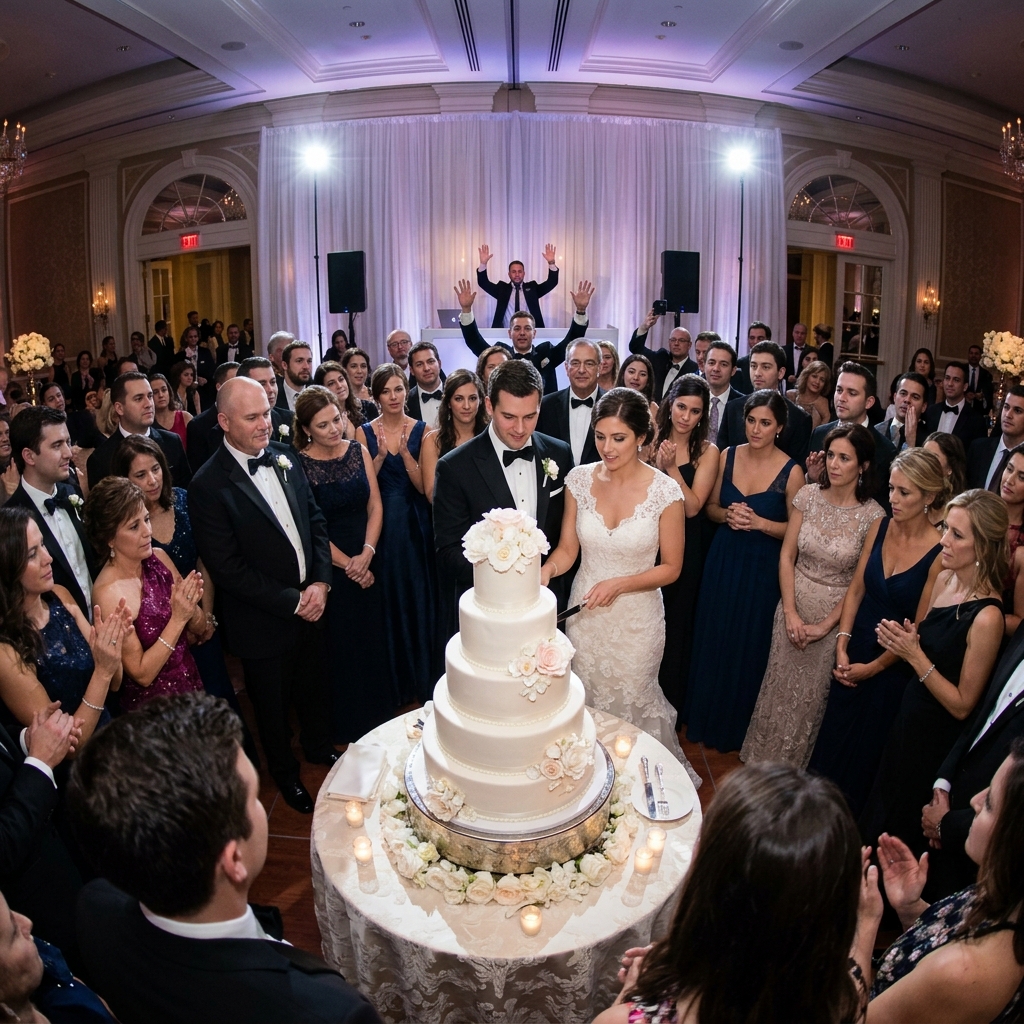 : A bride and groom cut a five-tier white cake in a ballroom, surrounded by applauding guests in formal evening wear.