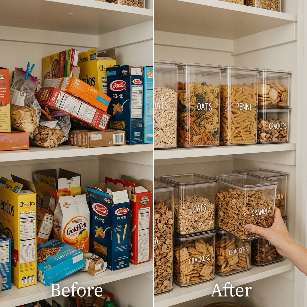 Pantry organization before and after replacing cluttered cardboard boxes with labeled clear plastic storage bins.