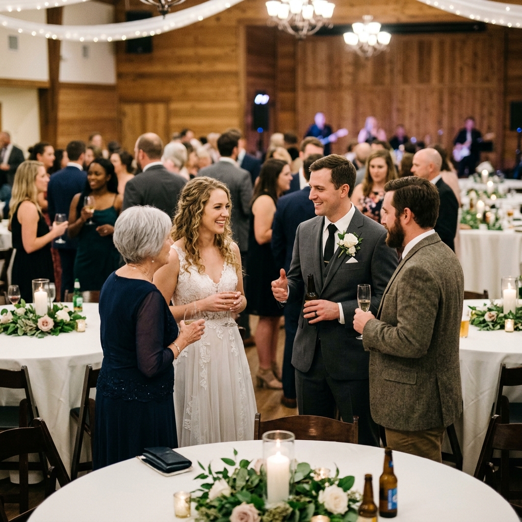 A bride and groom mingle with guests at a reception inside a rustic barn filled with candlelit tables