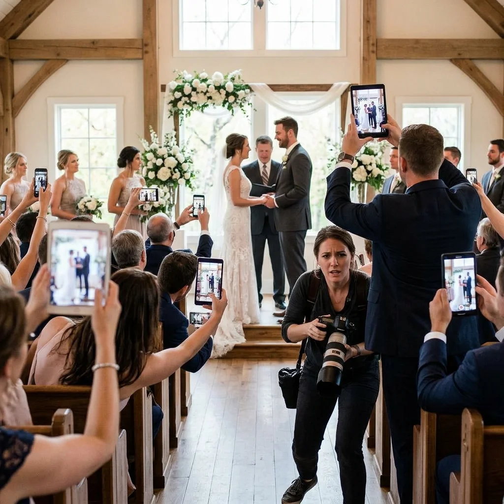 Wedding guests blocking a professional photographer by holding up smartphones and tablets to take pictures during an indoor wedding ceremony.
