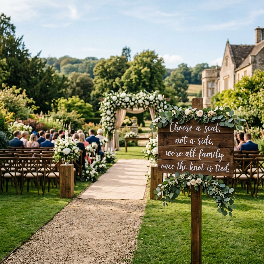 An outdoor wedding aisle leading to a floral arch, featuring a wooden sign that reads, "Choose a seat, not a side.