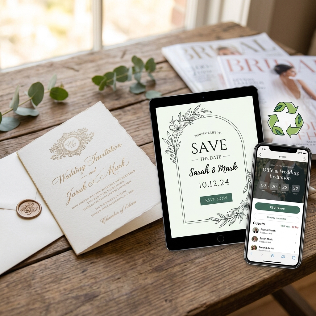 A traditional paper wedding invitation next to a tablet and smartphone displaying digital "Save the Date" and RSVP screens.