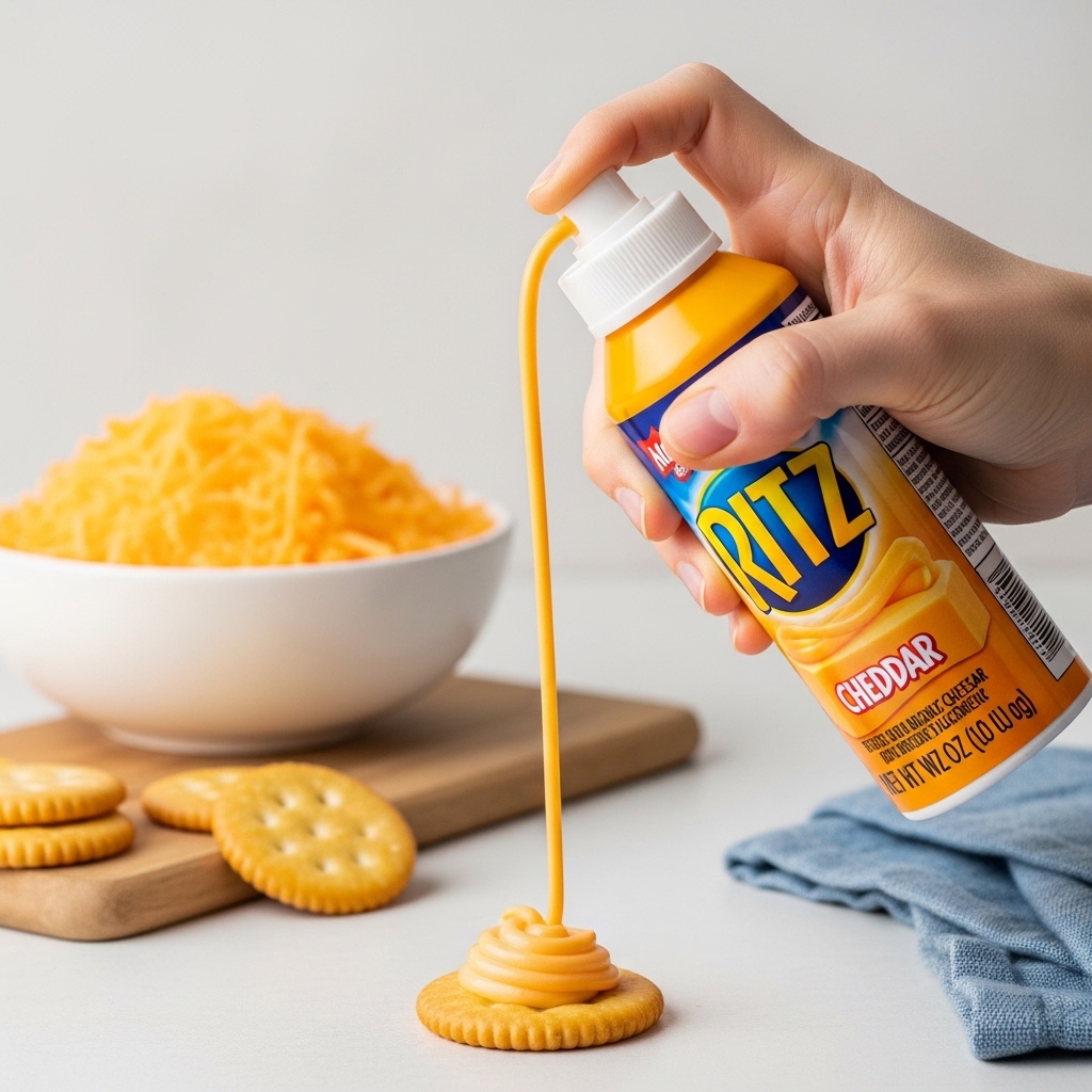 Hand dispensing cheddar aerosol cheese from a spray can onto a round snack cracker.