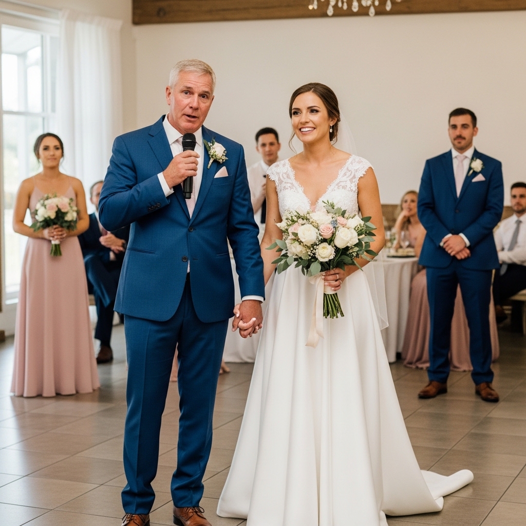 A father in a blue suit gives a wedding toast into a microphone while holding the hand of the smiling bride. Bridesmaids and groomsmen watch in the background."