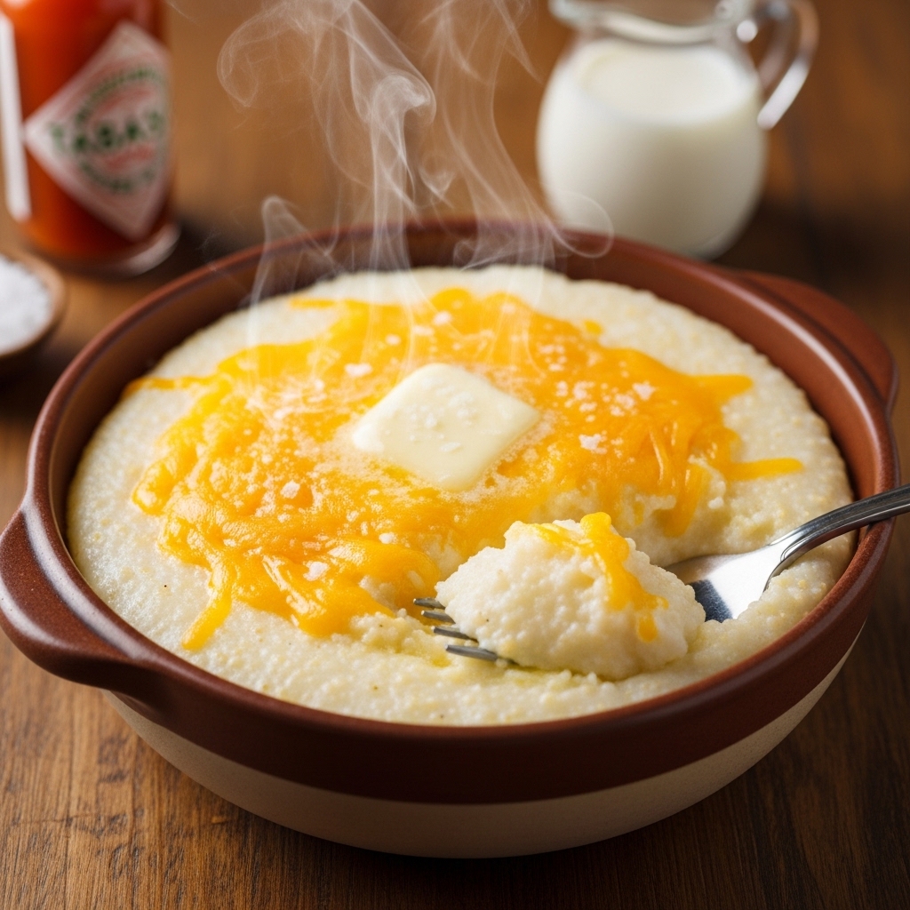 Steaming bowl of creamy Southern cheese grits topped with melting butter, served with a fork and hot sauce.