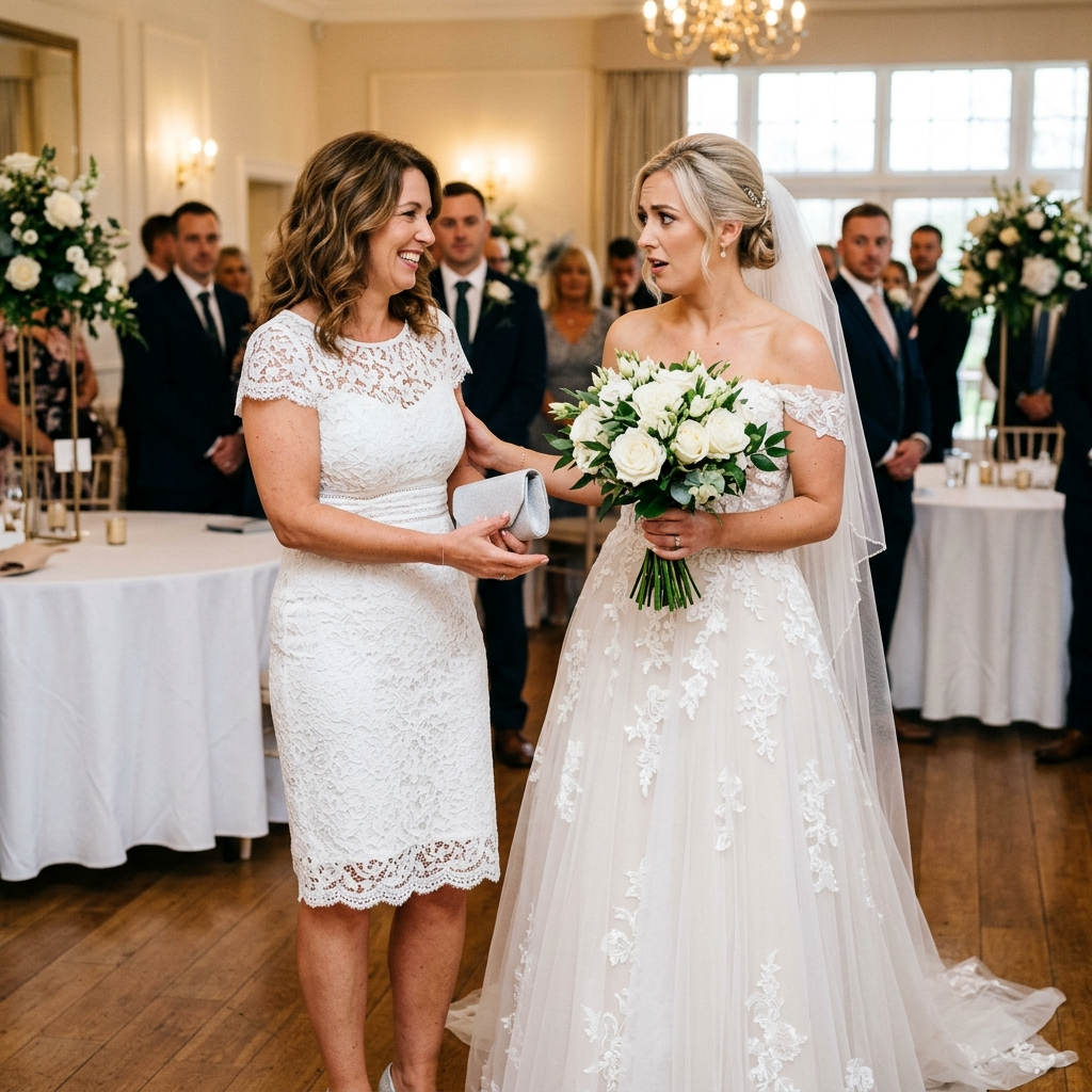Female wedding guest committing an etiquette faux pas by wearing a white lace dress while speaking to the bride.