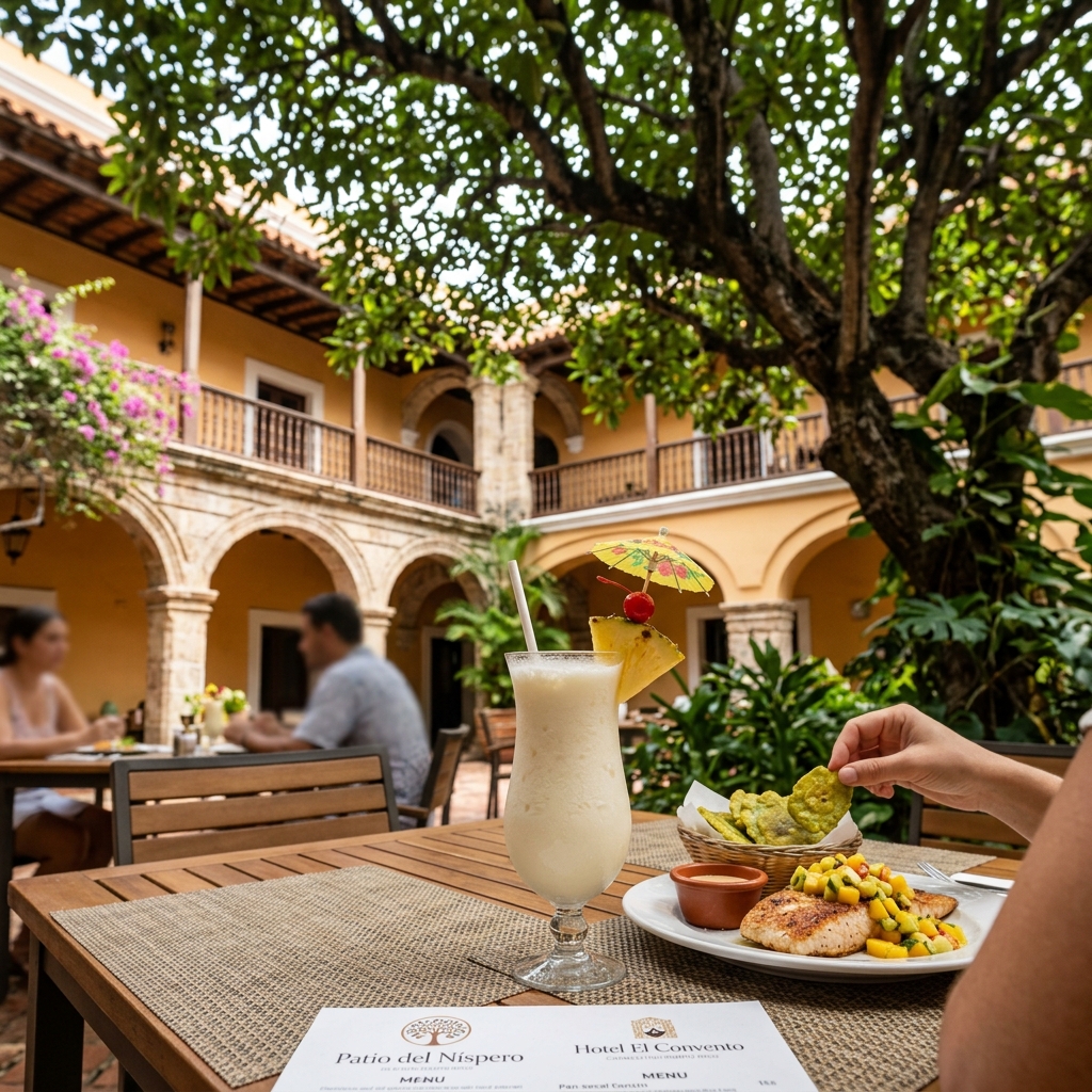 Piña colada and a fresh fish dish served outdoors at Patio del Níspero in the historic Hotel El Convento courtyard.