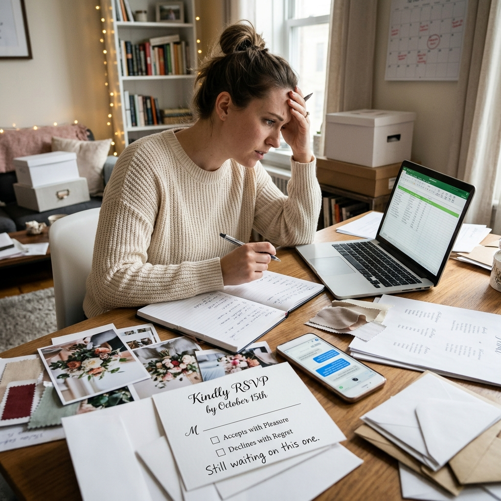 Frustrated woman sitting at a desk using a laptop to track down missing wedding guest RSVPs after the deadline.