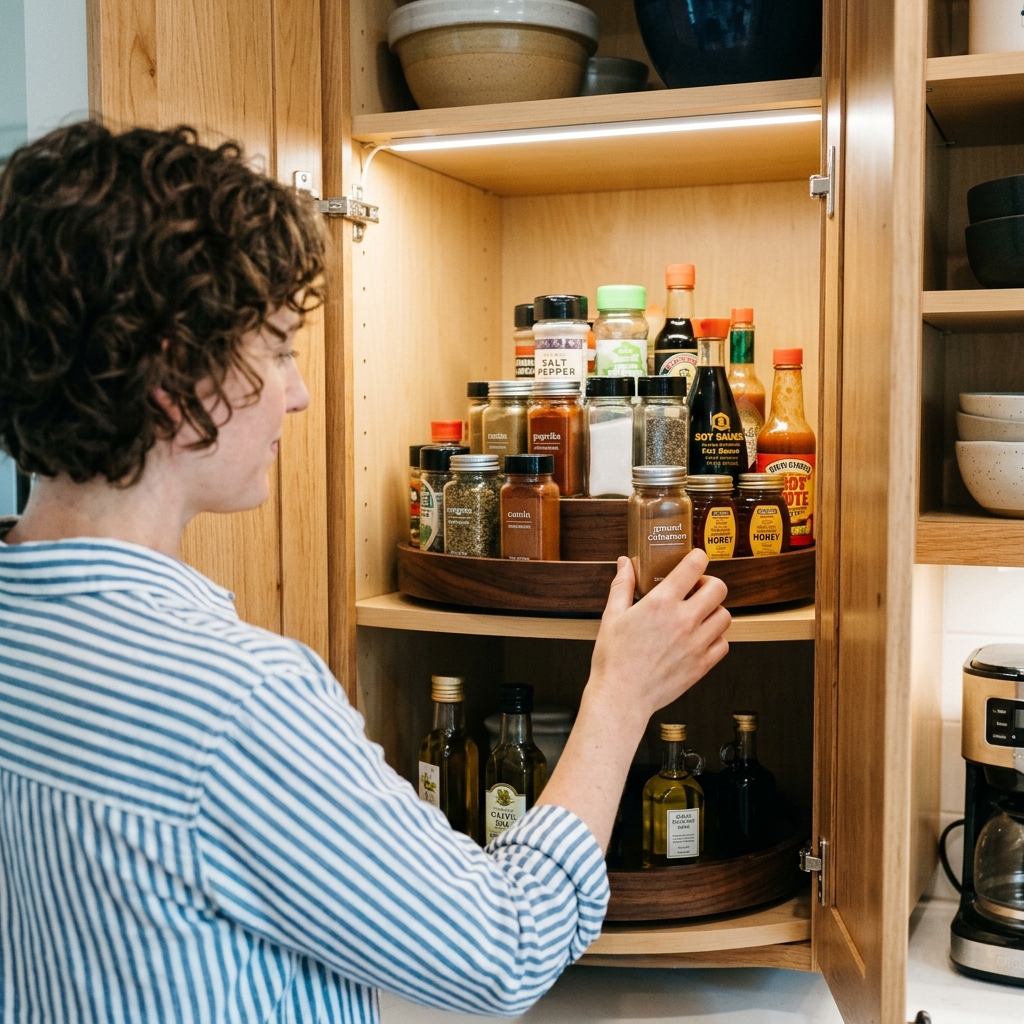 Woman reaching for a spice jar on a two-tiered wooden Lazy Susan organizer inside a lit kitchen cabinet.
