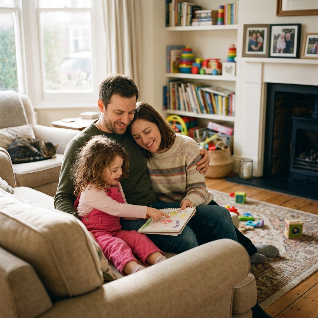 A smiling mother, father, and young daughter sitting on the floor looking at a drawing together.
