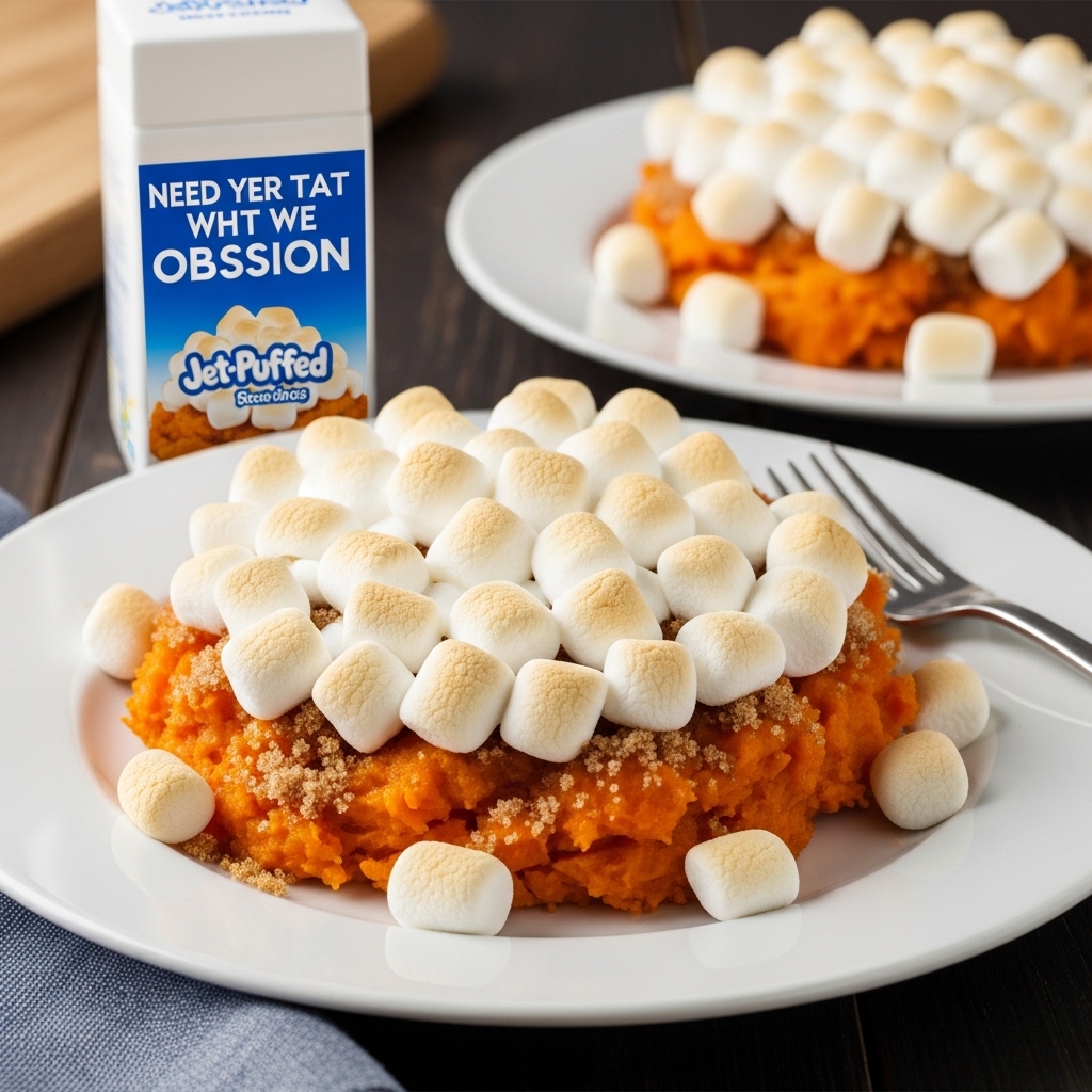 Classic American sweet potato casserole topped with toasted mini marshmallows and brown sugar on a white plate.