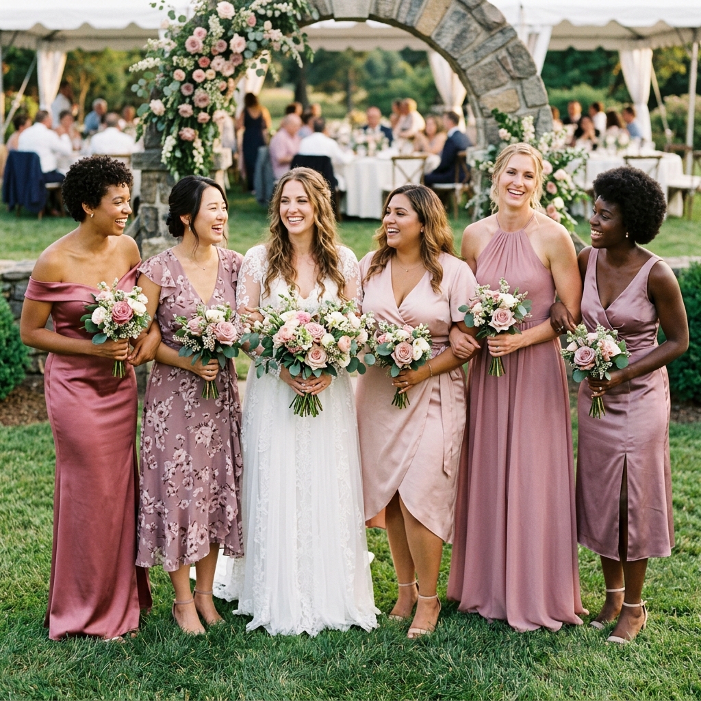 A bride poses outdoors with her bridesmaids, who are wearing mismatched dresses in various shades of dusty rose and blush.