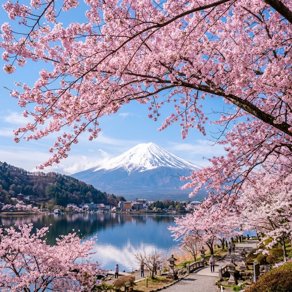 A serene view of Mount Fuji in Japan during cherry blossom season with pink petals framing the snow-capped peak