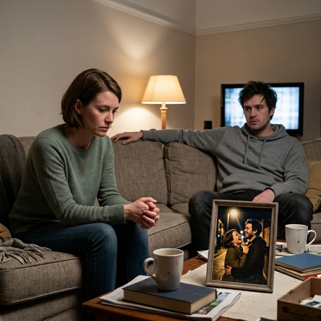 A somber woman sitting in the foreground with a happy couple photo nearby, while a man sits on the couch behind her.