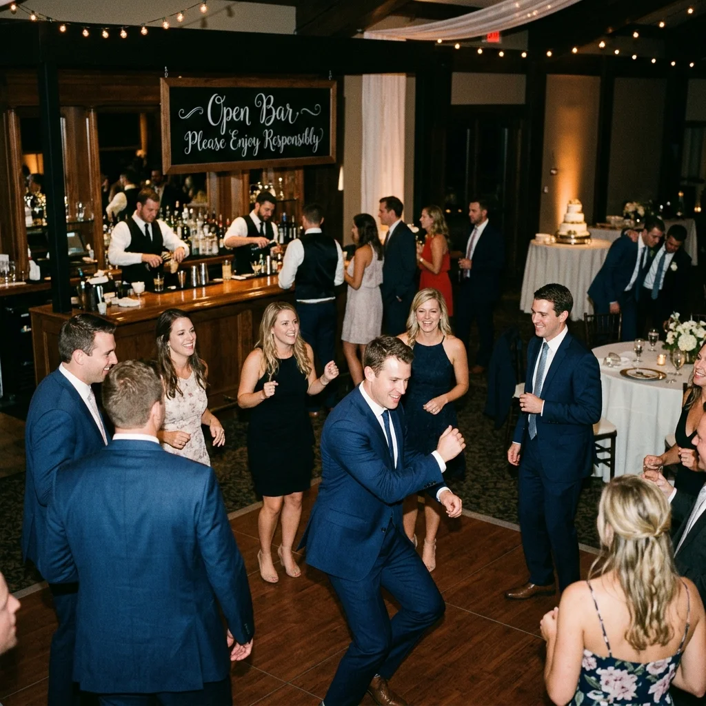 Wedding guests in formal attire dancing on a wooden dance floor at a reception with a rustic open bar in the background.