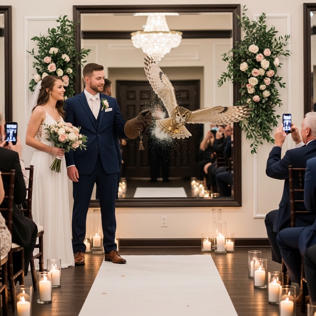 An owl crashing into a large mirror during an indoor wedding ceremony, sending up a puff of dust, as the groom holds out a falconry glove to catch it and guests take photos."