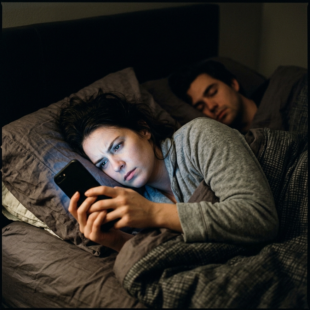 A woman looking at her lit smartphone in bed at night while a man sleeps beside her.
