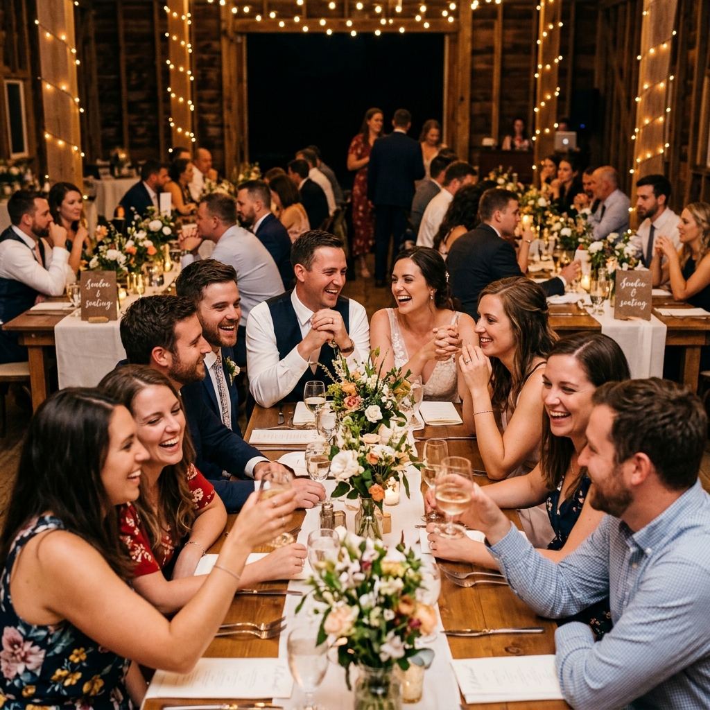 Guests and a wedding couple laugh and toast with wine glasses along long wooden tables in a rustic barn.