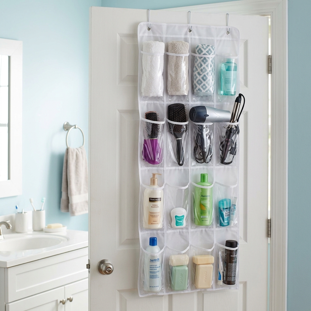 Clear over-the-door pocket organizer repurposed for bathroom storage holding toiletries, towels, and hair tools.