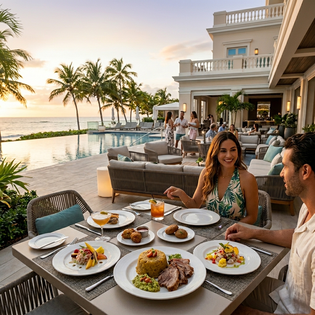 Couple enjoying a diverse spread of traditional Puerto Rican cuisine, including mofongo, by a luxury hotel infinity pool.