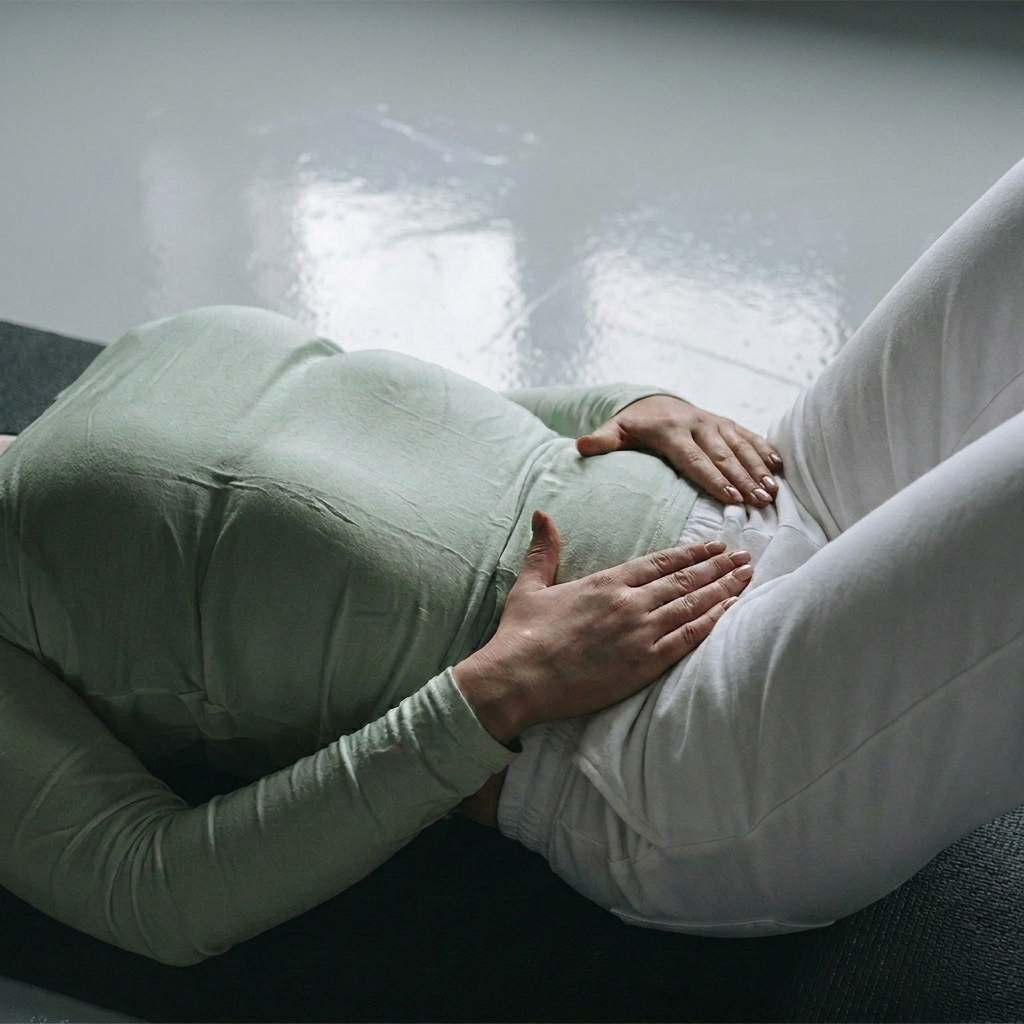 A woman on a yoga mat performing a bridge pose to strengthen her glutes and pelvic floor.