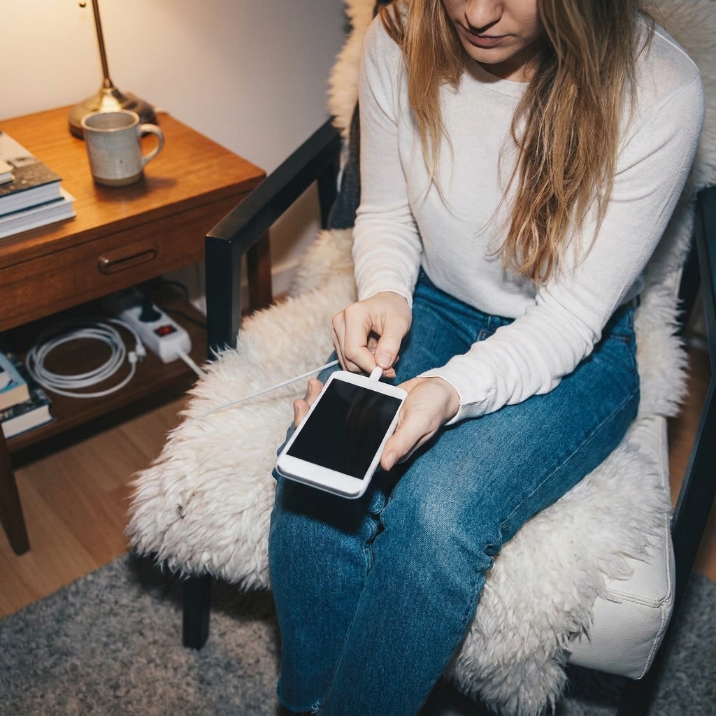 Woman checking her smartphone while working from home, avoiding the need for charging your phone to 100% overnight.