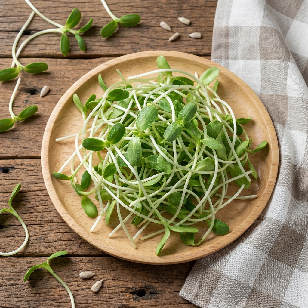 Close up macro shot of fresh mung bean sprouts and alfalfa sprouts piled in a ceramic bowl on a kitchen counter