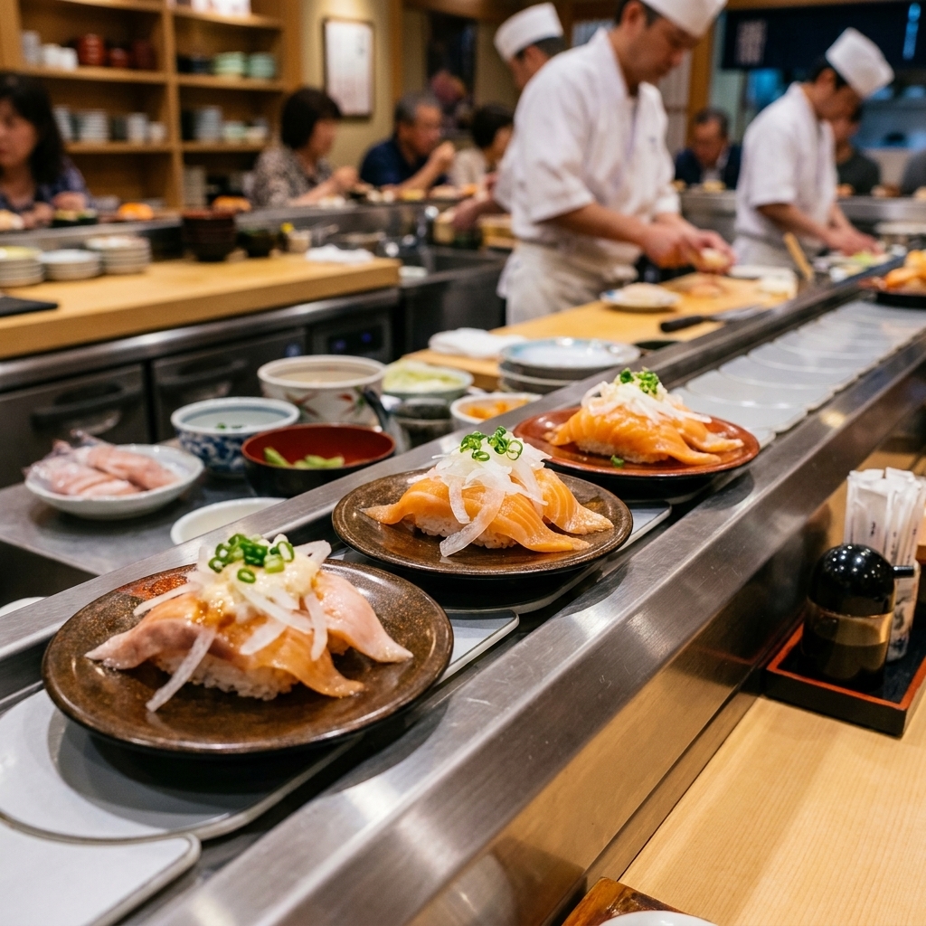 An expansive all-you-can-eat sushi buffet line featuring various raw fish rolls sitting under harsh restaurant lighting.