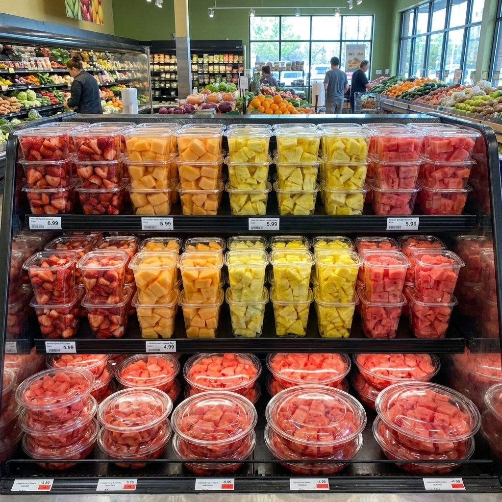 Plastic clamshell containers of precut cantaloupe, pineapple, and watermelon stacked on a brightly lit grocery store shelf.