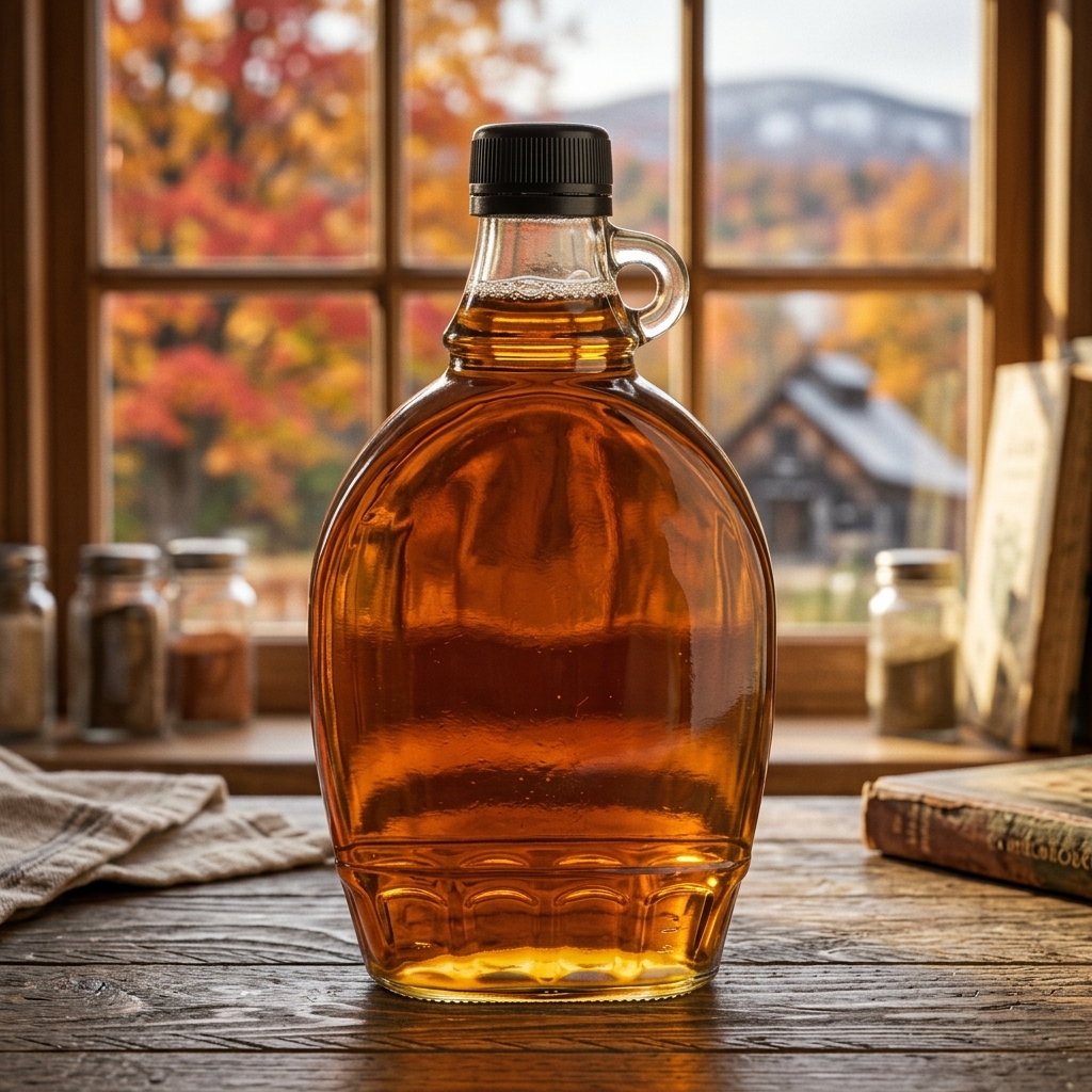 Pure American maple syrup in a glass bottle, a unique American souvenir people overseas love.