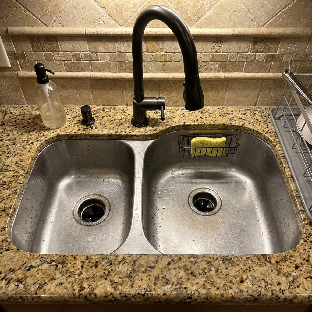 A close-up of an undermount kitchen sink showing the vulnerable exposed stone edge of the countertop.
