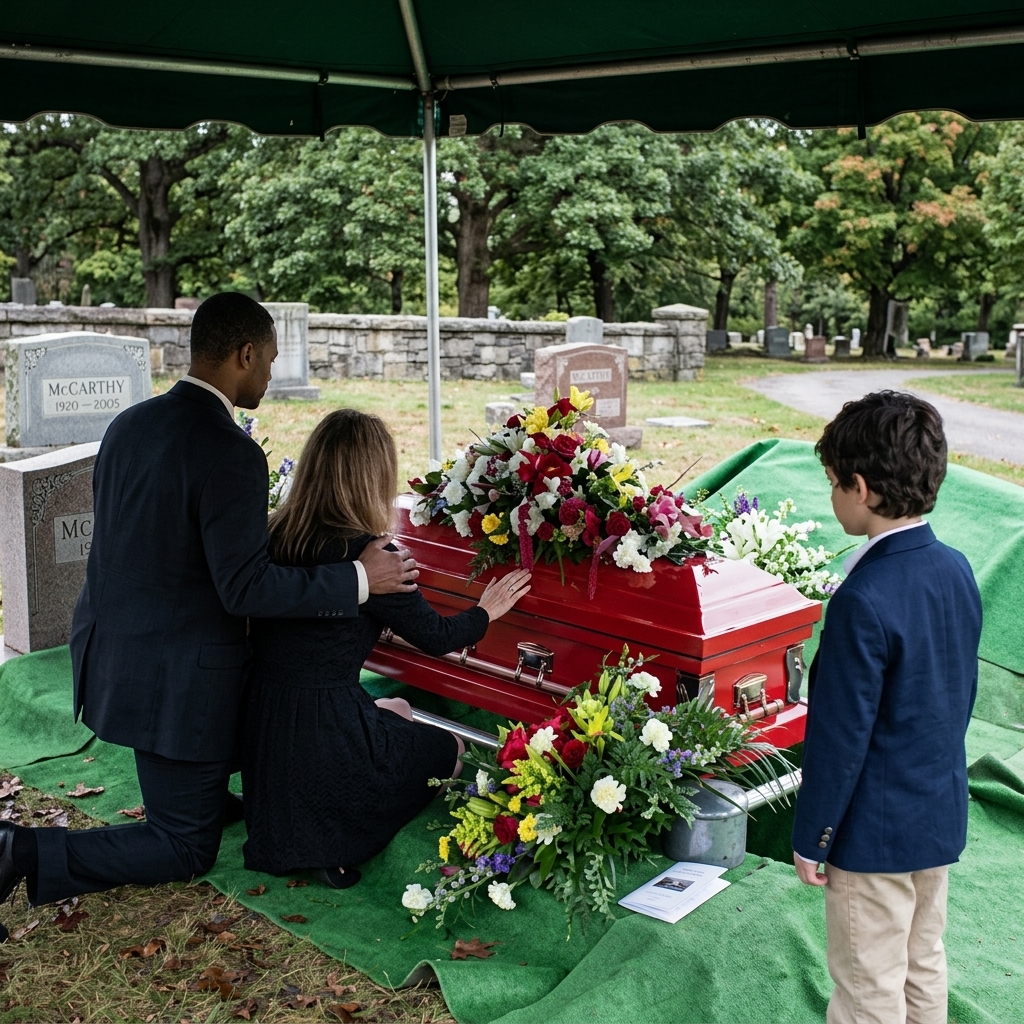 A resilient family standing together in a peaceful cemetery, honoring the memory of their late son and brother.