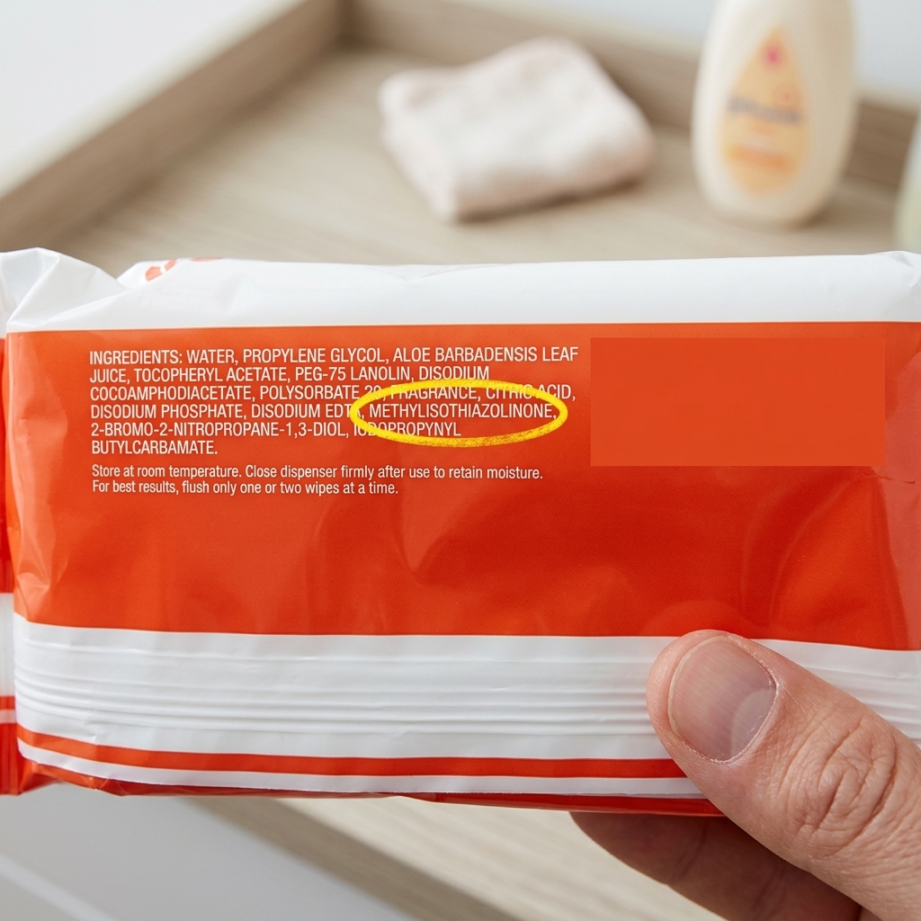 Close up of a skincare wipe ingredient label with the preservative methylisothiazolinone highlighted in yellow.
