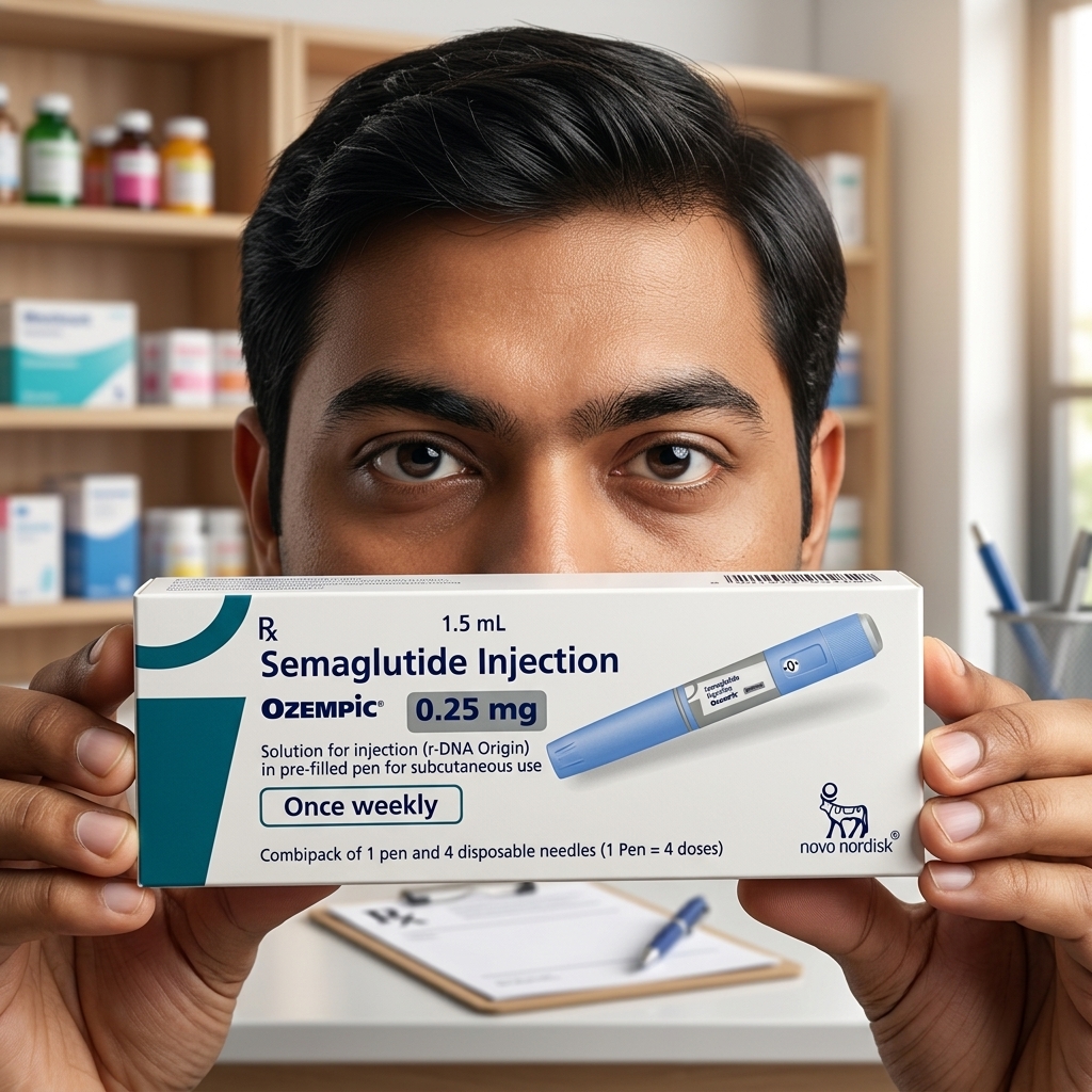 Close-up of a male patient holding a prescribed box of Ozempic semaglutide injection in a clinical pharmacy setting.