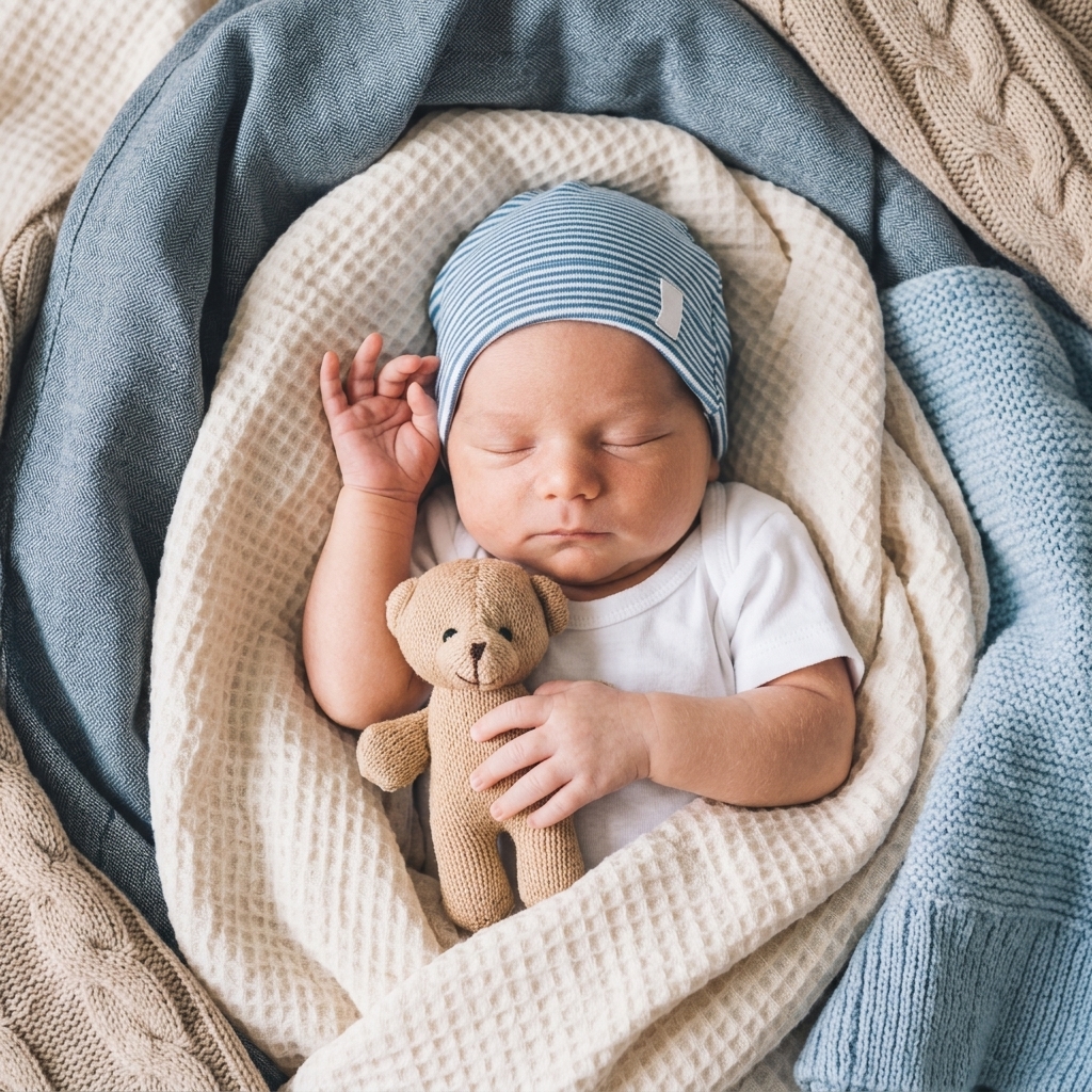 Newborn baby sleeping peacefully in a basket surrounded by blue and cream knit blankets holding a small teddy bear.