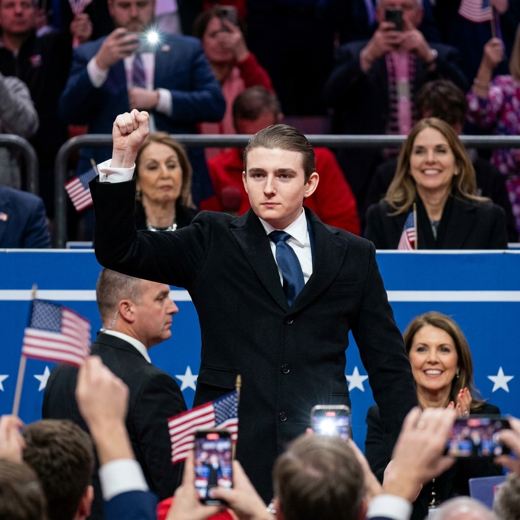 Realistic portrait of young adult Barron Trump wearing a navy suit and American flag pin standing at a wooden podium.