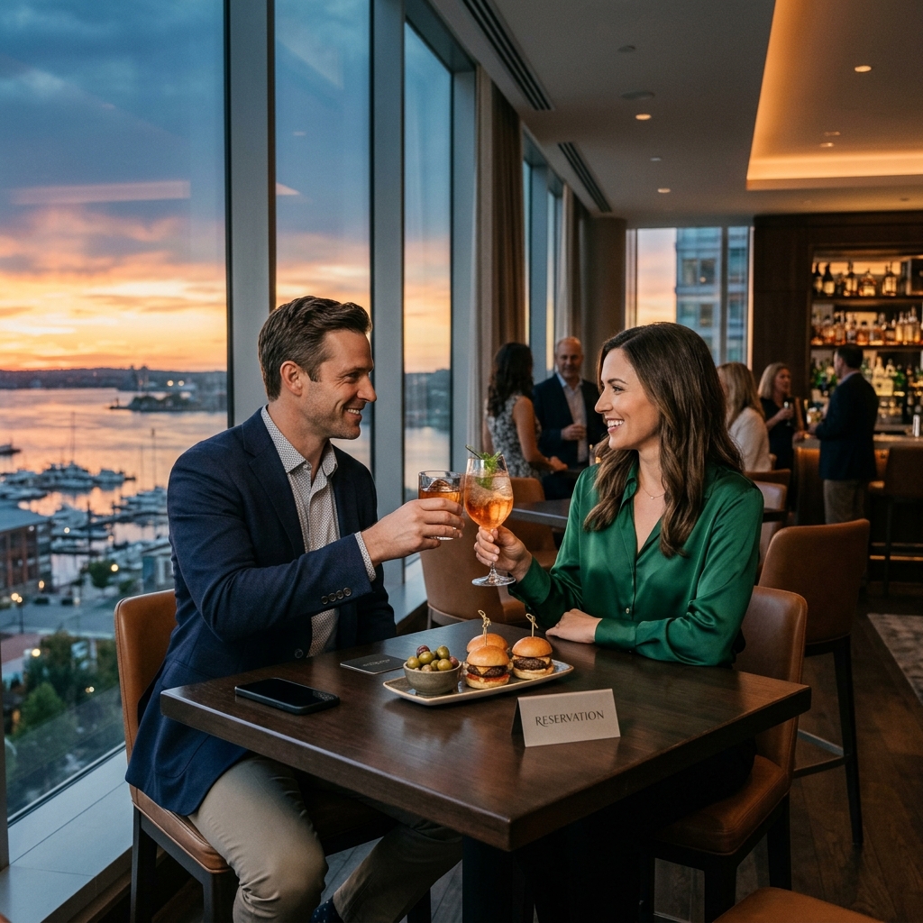 Couple toasting cocktails with appetizers at a reserved waterfront restaurant table during sunset.
