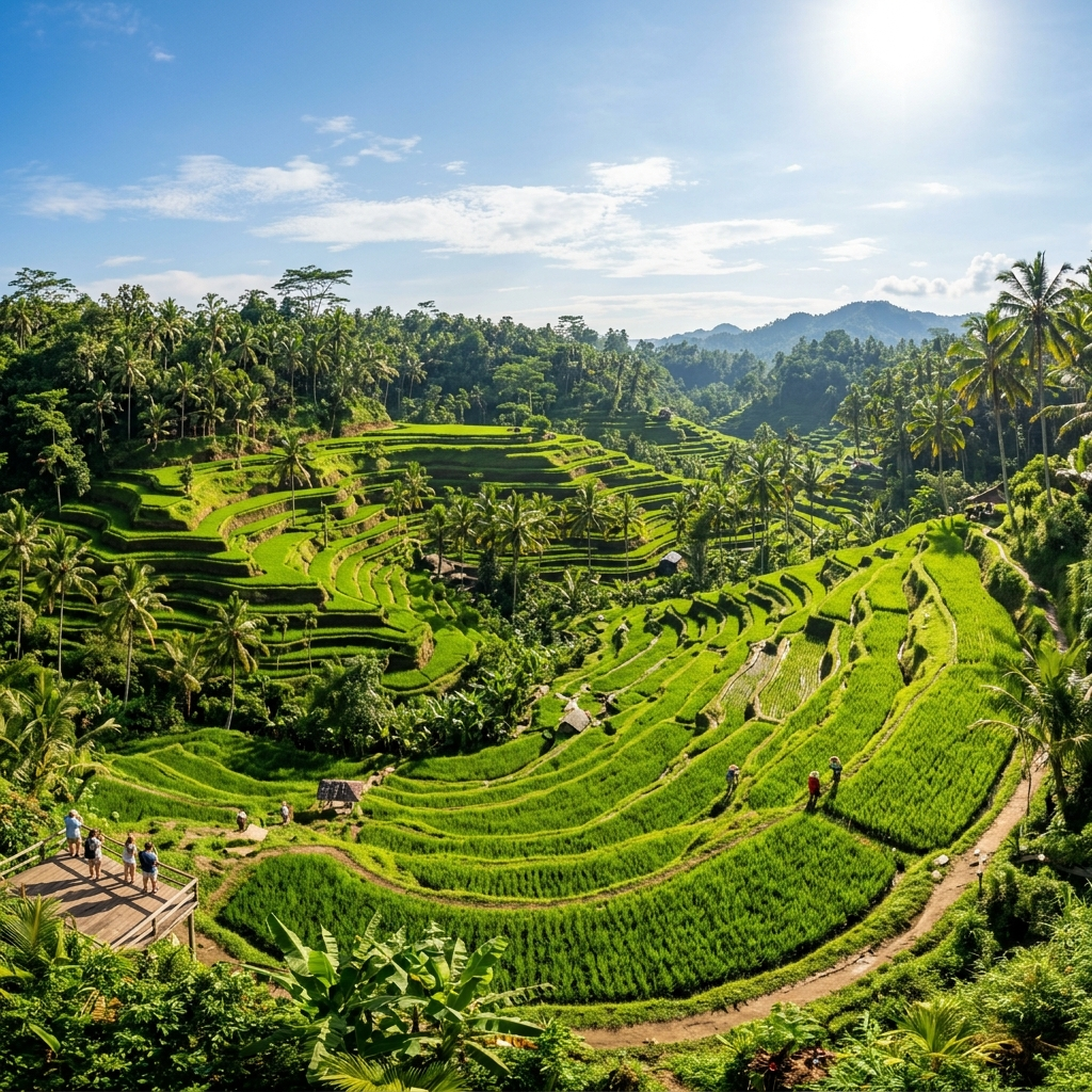 A panoramic view of the lush, green Tegalalang rice terraces in Bali, Indonesia under a bright morning sun