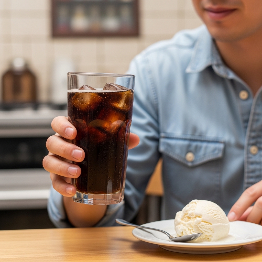 Person holding a tall glass of iced root beer over a wooden table next to a plate with a scoop of vanilla ice cream.