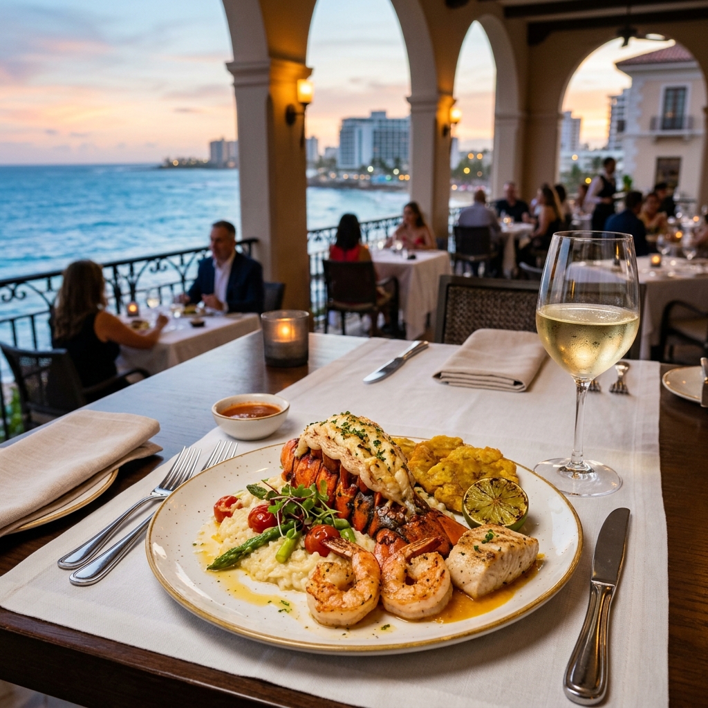 Luxury seafood dinner featuring lobster tail, shrimp, and white wine on an oceanfront restaurant balcony at sunset.